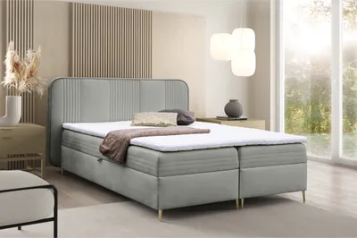 Obrázek produktu pro Postel s pružinovou skříní GINA Manželská postel s matrací Bonell Topper a podstavec pod postel Postel Glamour Čalouněná postel se zaobleným čelem Moderní ložnice Vintage postel (180x200 světle šedá)