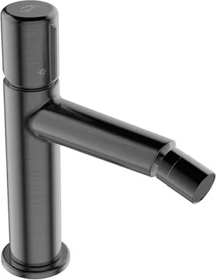 A close-up studio shot of a modern bidet faucet.
