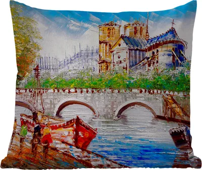 Produktbild von MuchoWow® Outdoor Kissen - Gemälde - Paris - Boot - Brücke - 50x50 cm - Wetterfest - Lounge Kissen - Komfortabel - Kissen mit Bild