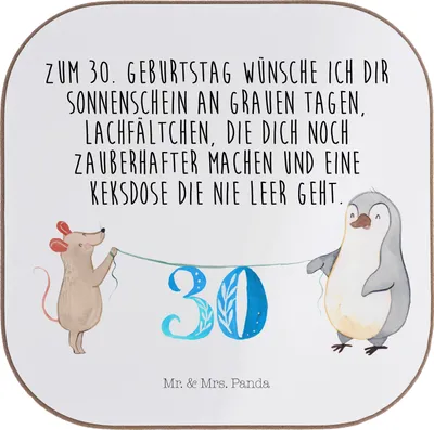 Produktbild von Mr. & Mrs. Panda Untersetzer für Gläser 30. Geburtstag Maus Pinguin - Weiß - Geschenk, Glas, Happy Birthday, Kuchen, Quadratisch, gläseruntersetzer, Tischuntersetzer