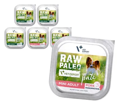 Produktbild von Raw Paleo Pate Mini Adult 6x150g Monoprotein-Nassfutter Pastete Für ausgewachsene Hunde kleiner Rassen mit Schweinefleisch und Ente