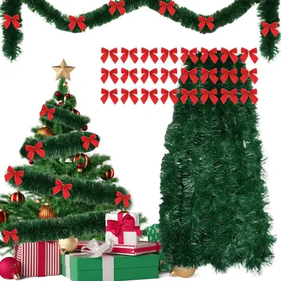 Image de Guirlande de Noël de 10 mètres avec 24 nœuds rouges et branches de sapin artificielles
