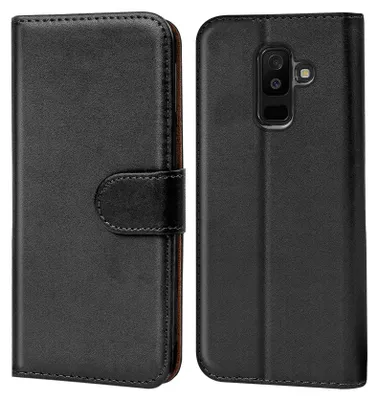 A black flip case for a Samsung Galaxy A6+ 2018 phone is shown from the front and back.