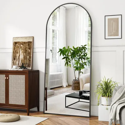 Produktbild von Koonmi Standspiegel mit gewölbtem Top, 180 x 76 cm Groß Bogenspiegel mit robustem Glas, an der Wand montierter Ganzkörperspiegel, Schwarz
