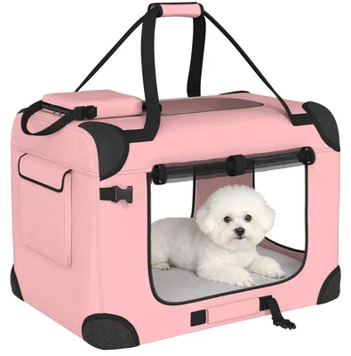 Obrázek produktu pro Transportní taška pro psy a kočky – skládací přepravka – 60 x 41,5 x 41 cm – síťová okna, měkká podložka, 2 madla – růžová barva