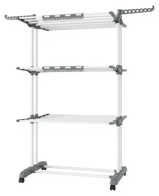 Obrázek produktu pro Sušák na prádlo – stojací, 4 úrovně – s křídly – skládací – s kolečky – kovový – s držákem na ponožky – 126,6 x 64,2 x 169,2 cm – světle šedý
