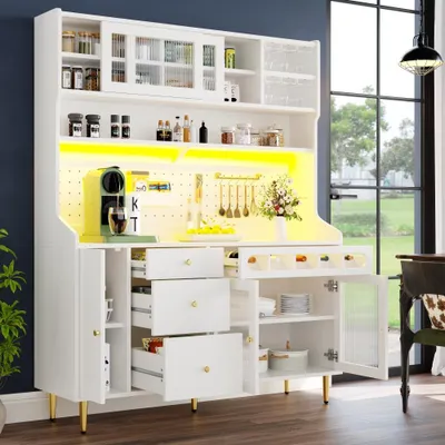 Zdjęcie produktu dla Nowoczesna szafka wysoka z oświetleniem LED, regulowanymi półkami, szufladą i półką na wino – idealna do salonu, kuchni i jadalni, 145×39×171 cm, biała