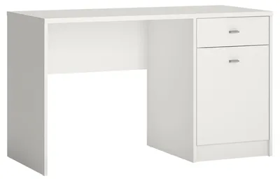 Produktbild von Schreibtisch SELINA mit 1 Schublade & 1 Tür weiß - robuster Holz-Schreibtisch mit viel Stauraum, Home-Office-Schreibtisch mit Einlegeboden und Kunststoffgriffen chrom matt