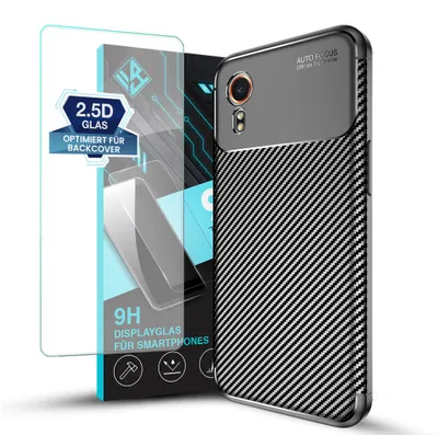 Produktbild von Handy Hülle für Samsung Galaxy Xcover7 mit 9H Displayglas Displayschutz Carbon Look Cover Case Schutzhülle Farbe: Schwarz