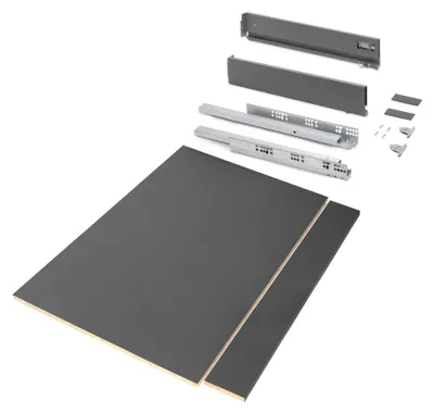 Zdjęcie produktu dla Emuca Zestaw szuflad Vertex do kuchni lub łazienki z regulacją 3D, zawiera płytę, wysokość 93 mm, moduł 900 mm, Szary antracytowy