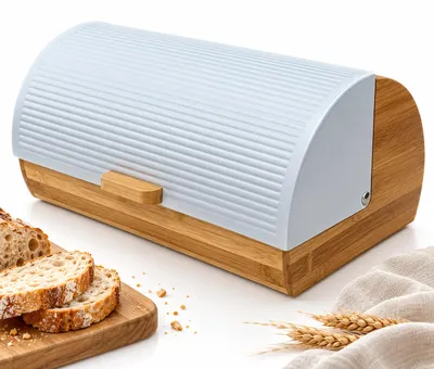 Produktbild von Relaxdays Brotkasten Bambus mit Klappdeckel, Brotaufbewahrung, H x B x T: 19 x 39 x 27 cm, Brotcontainer, weiß/natur, KI-generiertes Bild