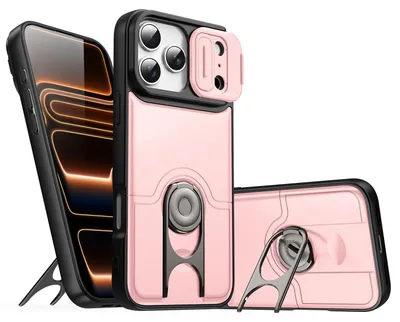Obrázek produktu pro Pouzdro pro iPhone 17 Pro Max, Posuvným krytem fotoaparátu a kroužkovým stojánkem, nárazuvzdorné ochranné pouzdro Růžový