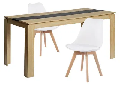 Immagine prodotto di Set da pranzo composto da tavolo rettangolare in legno di quercia e verniciato di nero, con 2 sedie, più 2 sedie bianche