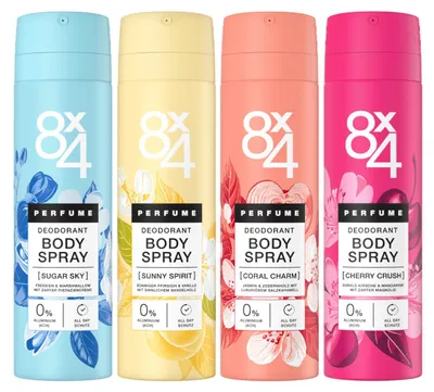 Produktbild von 8X4 Body Spray Parfüm Körperspray 4er Set Vanille Marshmallow Kirsche Jasmin