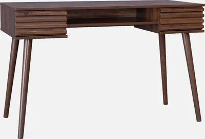 A brown wooden desk with two drawers and tapered legs, shown against a white background.