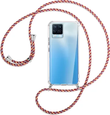 Produktbild von Handykette Backcover-Schutzhülle mit Band (Metall silberfarben) für Realme 8, Realme 8 Pro (6.4) - weinrot/gelb/grau