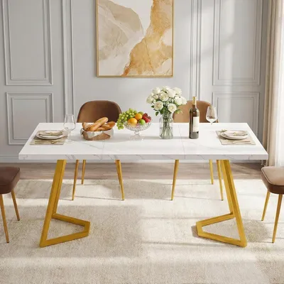 Immagine prodotto di Tavolo da pranzo Lailang, 140 cm, forma ovale, tavolo da pranzo in marmo, tavolo per 6 persone, tavolo da pranzo bianco, dimensioni 140 x 80 x 75 cm, finitura bianco oro