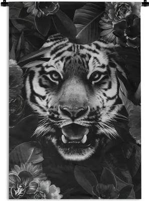 Produktbild von MuchoWow® Wandteppich Wandbehang Tiger zwischen Blättern und Blüten - schwarz und weiß 60x90 cm Tapisserie Dekoration Wandtuch - Foto-Teppich - Abwaschbar