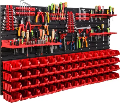 Produktbild von Lagersystem Werkstattregal | 156 x 78 cm | 60 stck. Box | Wandregal mit Werkzeughalterungen und Stapelboxen - Wandplatten Extra Starke Schüttenregal Warkzeuglochwand Lagerregal Garage Regal
