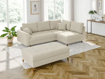 Produktbild von S-STYLE MÖBEL - Kai - Ecksofa mit Schlaffunktion und Hocker mit Braun Holzfüßen im skandinavischen Stil aus Beige Cord-Stoff, Ottomane rechts