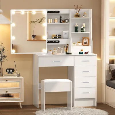 Immagine prodotto di Tavolino da trucco con specchio - Comodino da trucco con illuminazione - Ideale per il trucco - 10 luci LED dimmerabili - Dimensioni: 40x100x140 cm - Colore: bianco