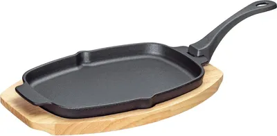 Produktbild von Gietijzeren Grillpfanne - ideal für das Grillen - 1 Stück - mit Holzunterlage