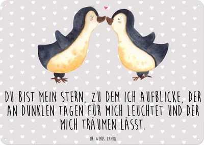 Produktbild von Mr. & Mrs. Panda tafel Pinguin Liebe DIN A6 - Grau Pastell - Geschenk, Türschild, Freundin, Wandbild, Retro Blechschild, Vertraut, Schild, Hochzeitstag, Hochzeit