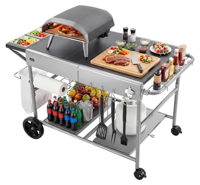 Produktbild von VEVOR Grillwagen für den Außenbereich, 800 x 610 mm Edelstahl-Tischgröße Grilltisch, Außengrilltisch mit 4 Rädern & Seitengriff, zwei Netzablagen, BBQ-Vorbereitungstische für Terrasse, Garten, Eisenarbeitsplatte, 925x595 mm