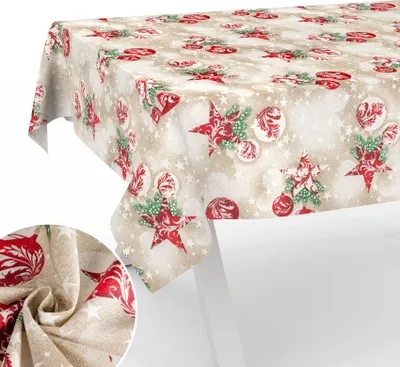 Produktbild von Tischdecke Weihnachten mit feierlichem Motiv Tischwäsche schmutzabweisend Tischtuch aus Stoff Aquarell Beige Breite 140cm Länge 240cm mit Schnittkante