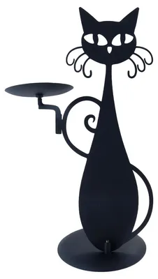 Katzen-Kerzenhalter aus Eisen, schwarz, 28 cm, mit Tablett