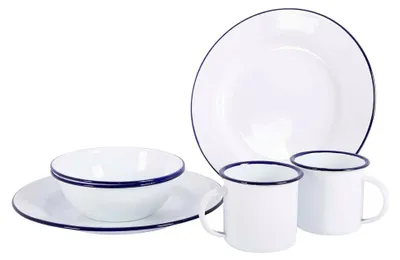 Produktbild von Emaille Geschirr-Set, 6-teilig, weiß/blau