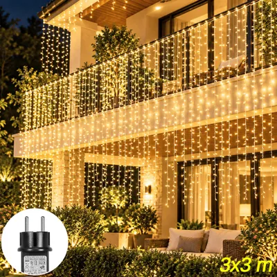 Produktbild von 3x3m Lichterkette Vorhang Innen Warmweiß 300 LED Lichtervorhang 10 Stränge 8Modi mit Timer Weihnachten Hochzeit Party Fenster Wand Balkon Deko