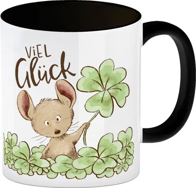 Produktbild von Maus Kaffeebecher in schwarz mit Spruch Viel Glück