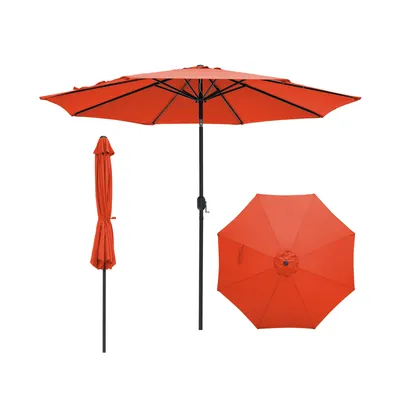 Three views of an orange patio umbrella: fully open, closed and standing, and a top-down view of the canopy.