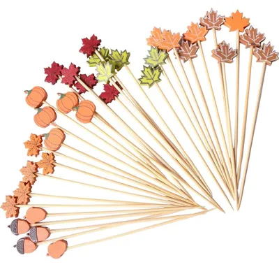 Productafbeelding van Cocktailprikkers in de vorm van een esdoornblad, 100 stuks, hout, 12 cm, perfect voor herfstfeestjes, decoratie en fingerfood