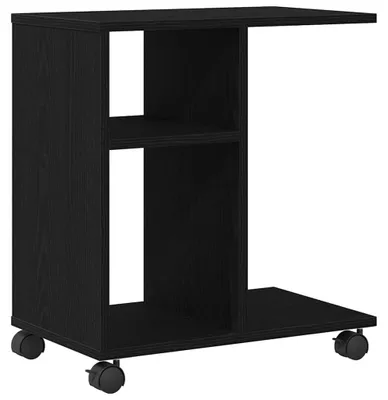Productafbeelding van Eiken Bijzettafel met 2 Planken en Wielen, Zwart