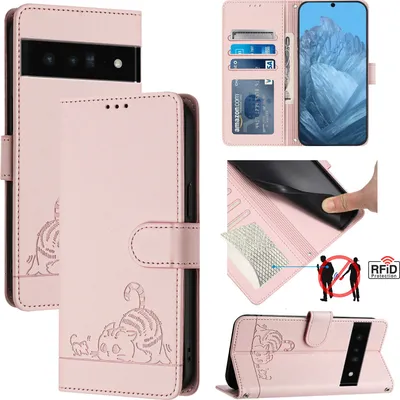 Produktbild von Leder Hülle für Google Pixel 6 Pro Süße Katze Flip Case Brieftasche Schutzhülle mit Standfunktion Pink
