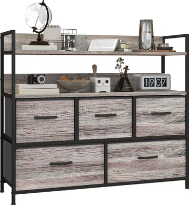 Zdjęcie produktu dla Komoda HOMCOM z 5 szufladami, szafka do przechowywania, komoda z 2 półkami, rama stalowa, design industrialny do salonu, sypialni, kolor szary