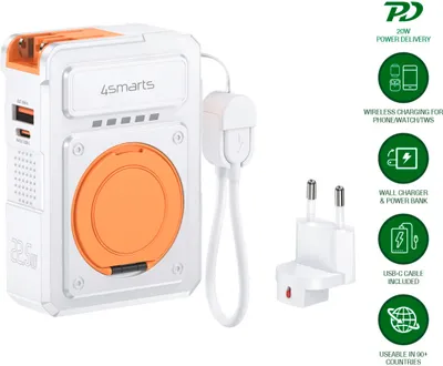 A white and orange 4smarts power bank with various charging accessories and feature callouts.