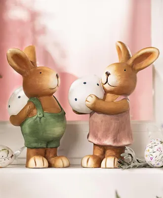 Produktbild von 2x Dekofigur "Hase mit Osterei" aus Terracotta, 26 cm hoch, Osterhase, Osterdeko, Gartendeko für Draußen