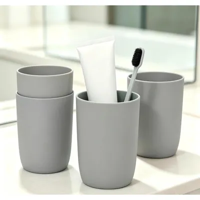 Produktbild von 4er Set Zahnputzbecher Kinder Kunststoff 280ml BPA-frei stapelbar spülmaschinenfest Blau Grün Rosa Grau
