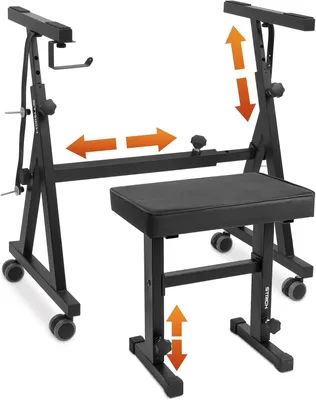 Immagine prodotto di Supporto per tastiera e set di sgabello per pianoforte, colore nero - Sgabello per pianoforte, poggiapiedi per pianoforte, sedia per pianoforte, supporto per pianoforte digitale
