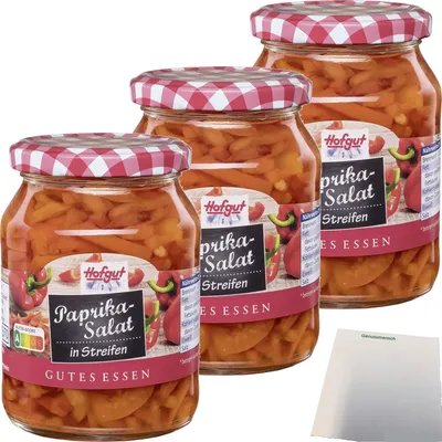 Produktbild von Hofgut Paprikasalat Streifen 3er Pack (3x370ml Glas) + usy Block