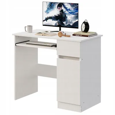 A white modern computer desk with a keyboard tray, a drawer, and a cabinet. A computer monitor, a mug, an open book, and a clock are on the desk.