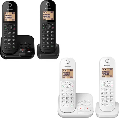 A collage of two different Panasonic cordless phone sets, one black and one white.