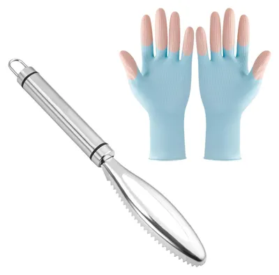 Fischschupper aus Edelstahl + rutschfeste Handschuhe, 2-teilig