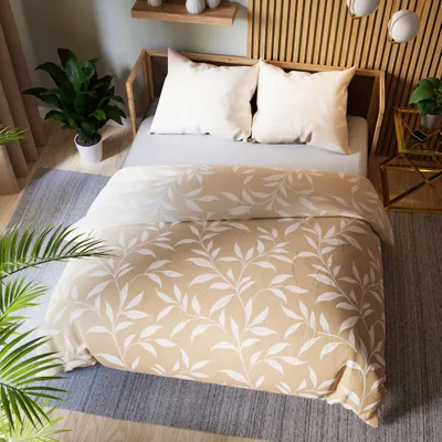 Image de Literie, linge de lit en satin de coton 160x200 Irma Beige, feuilles
