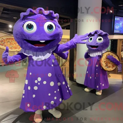 Produktbild von Maskottchenfigur REDBROKOLY einer lila Pizza mit Wickelkleid und Haarnadeln