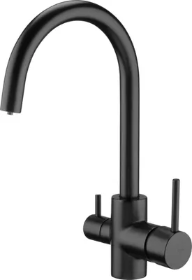 A black kitchen faucet with a curved spout and two handles is shown against a white background.