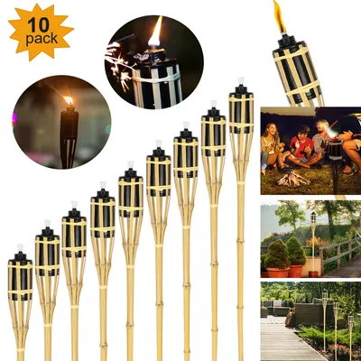 Produktbild von Fiqops Gartenfackeln Set 10x Lampen Fackeloel Docht 90cm Bambus Ölfackeln für draußen Lampenöl für fackeln Flammen Feuer Party Deko